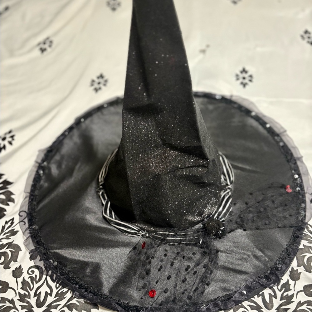 Black Witch Hat with Glitter and Red Accents